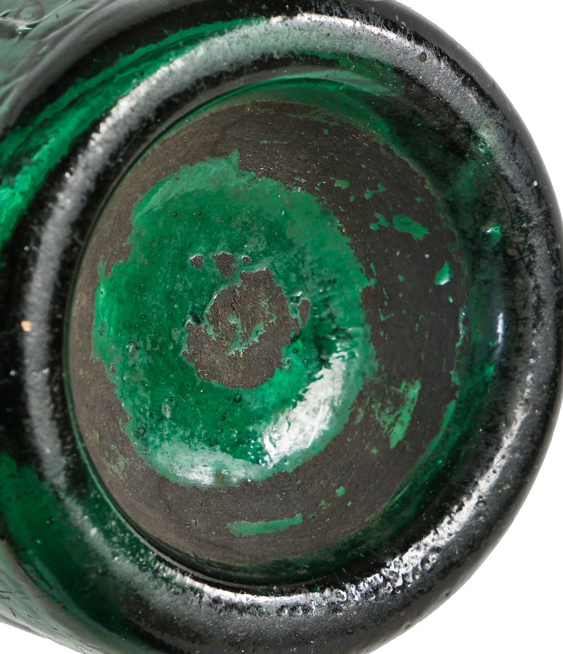 original c. 1856-7 intact emerald green iron pontiled e. roussel soda water bottle featuring lightly embossed giant block lettering