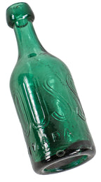 original c. 1856-7 intact emerald green iron pontiled e. roussel soda water bottle featuring lightly embossed giant block lettering