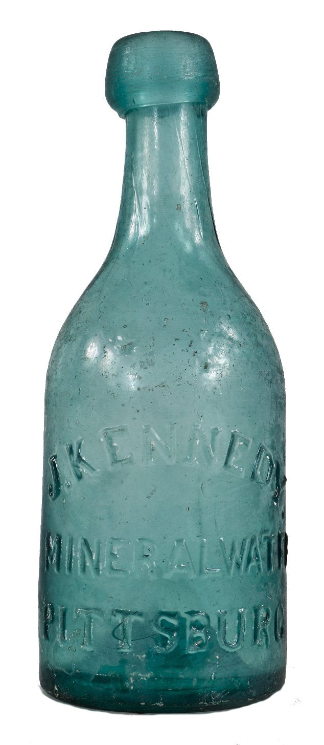 rare antique american single mid-nineteenth century privy dug blue aqua iron-pontiled mineral water blobtop bottle designed and fabricated for joseph kennedy