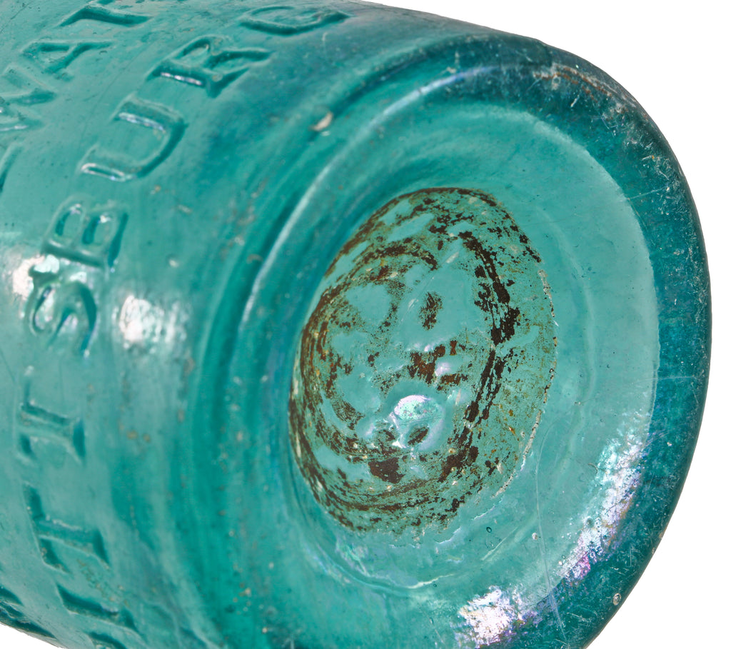 rare antique american single mid-nineteenth century privy dug blue aqua iron-pontiled mineral water blobtop bottle designed and fabricated for joseph kennedy