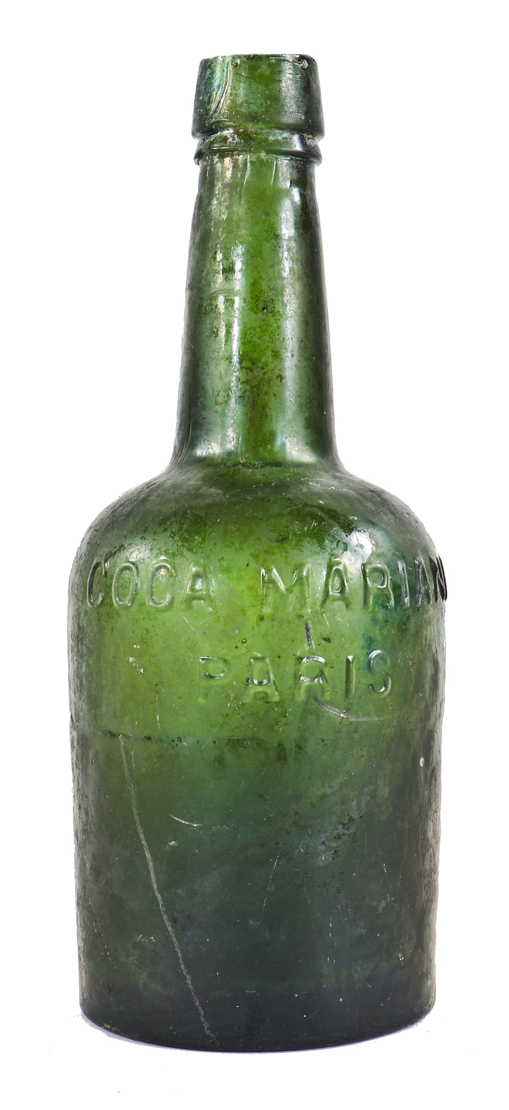 original 19th century richly colored chicago pruvy dug dark olive green embossed coca mariani porter bottle with long tapered neck and applied tapered collar