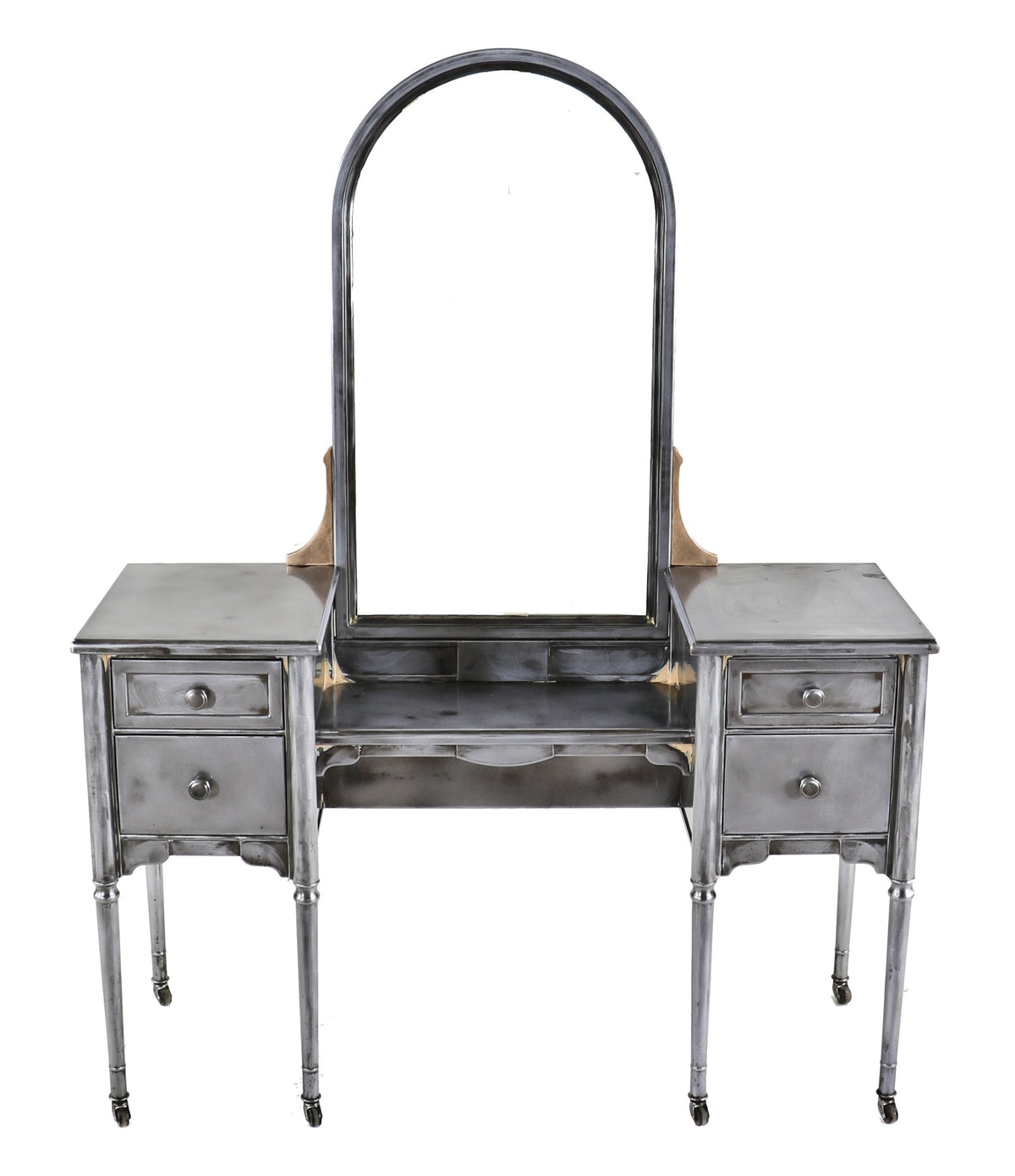one of several matching original american depression era refinished pressed and folded steel simmons vanities with oversized arch top mirror