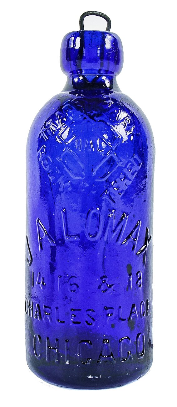 very well-maintained late 1870's or early 1880's richly colored sapphire blue "attic" hutchinson style j.a. lomax blobtop soda bottle with original stopper
