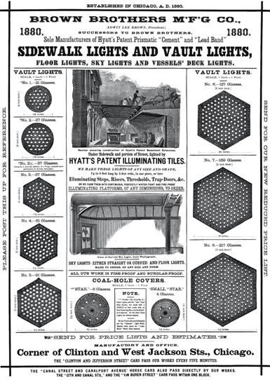 refinished diminutive post-chicago fire "brown brother" outdoor city of chicago flush mount sidewalk vault light panel fragment comprised of cast iron with six "nub" configuration