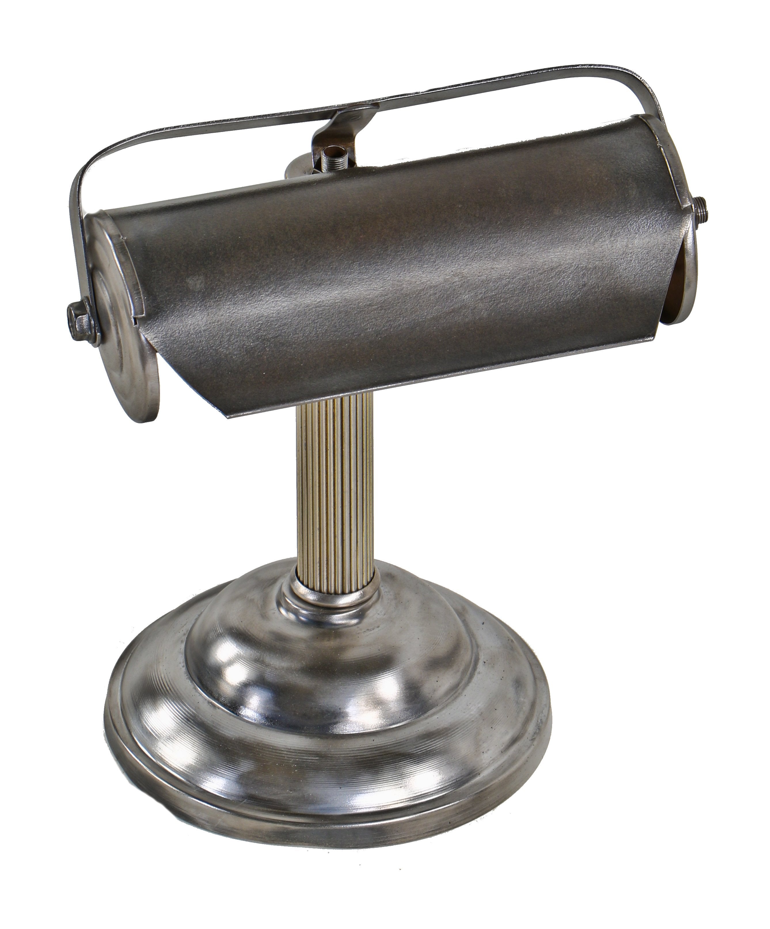 refinished c. 1930's american depression era machine age pressed and folded steel banker's desk lamp with cylindrical shade and pull-chain socket