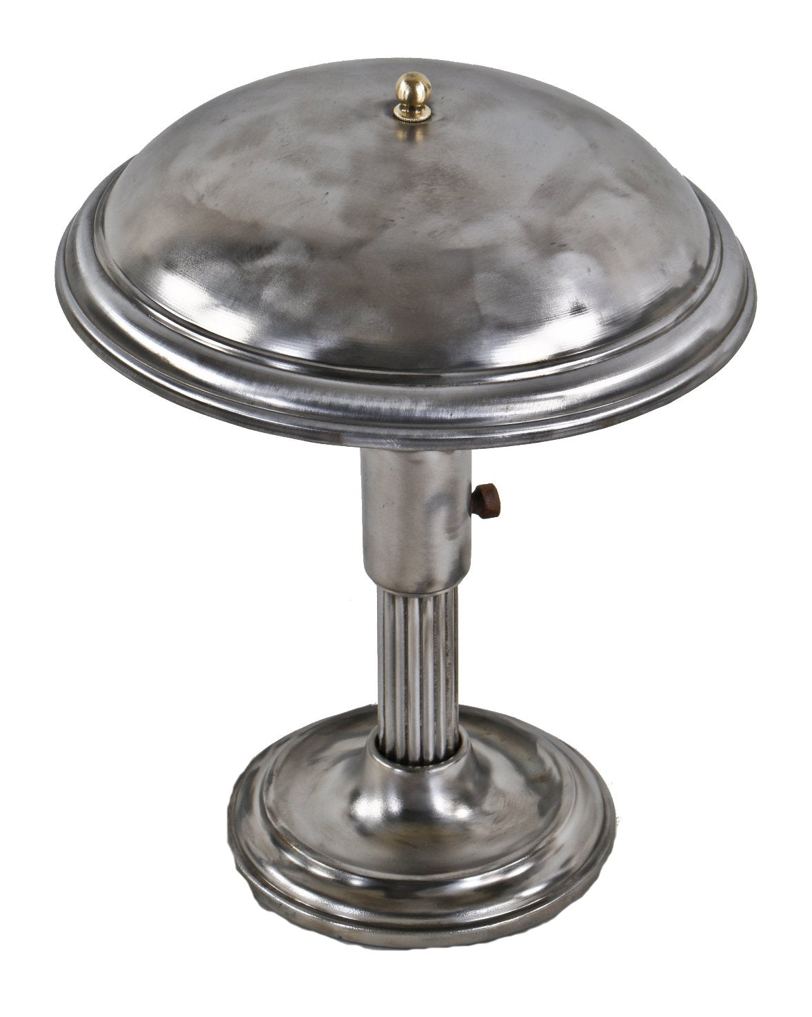 refinished c. 1930's antique american factory office pressed and folded steel table or desk lamp with cast brass shade or reflector ball finial