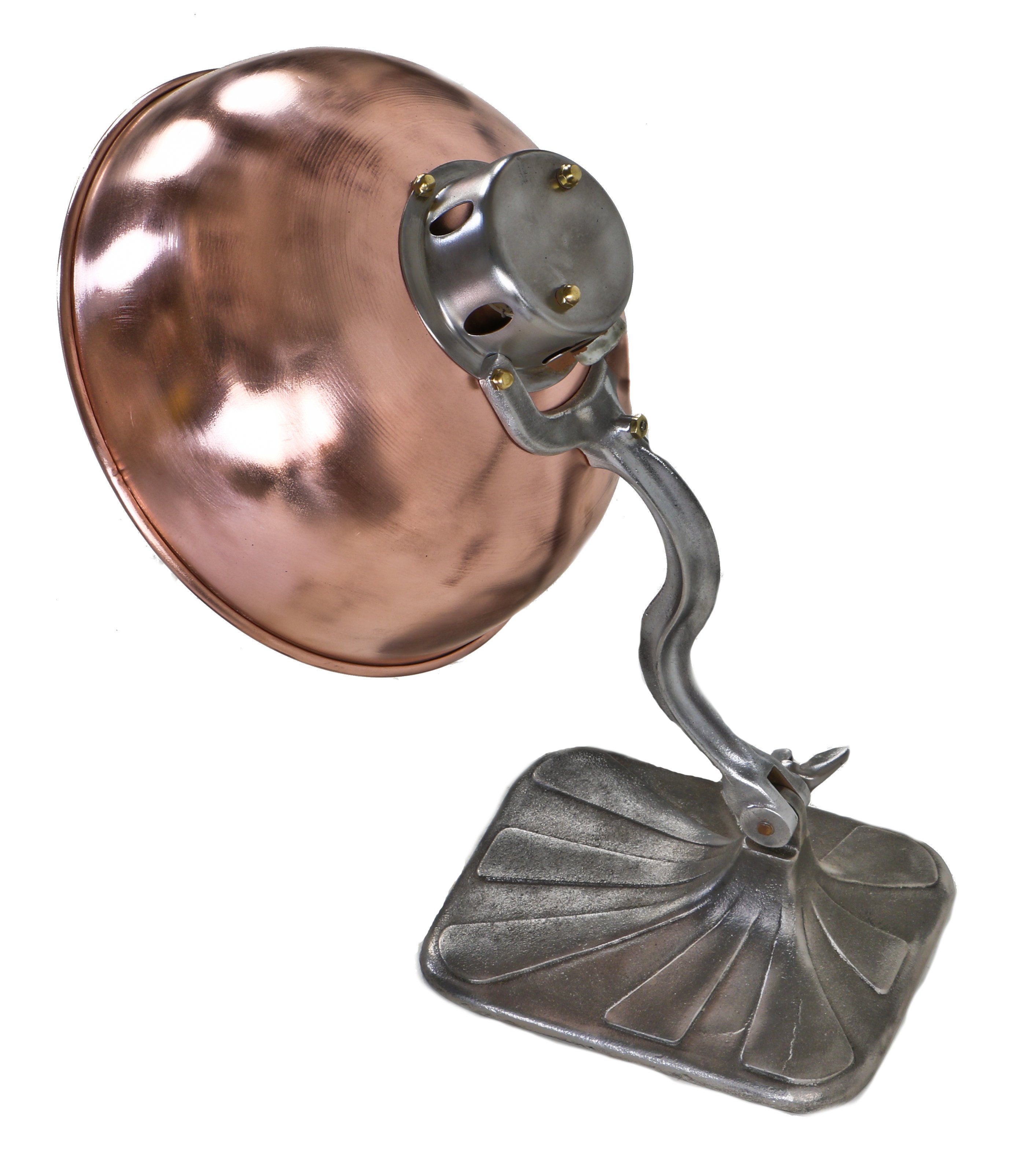 c. 1920's refinished american industrial "doctor heat" light therapy table lamp with unique rolled rim deep bowl copper shade or reflector
