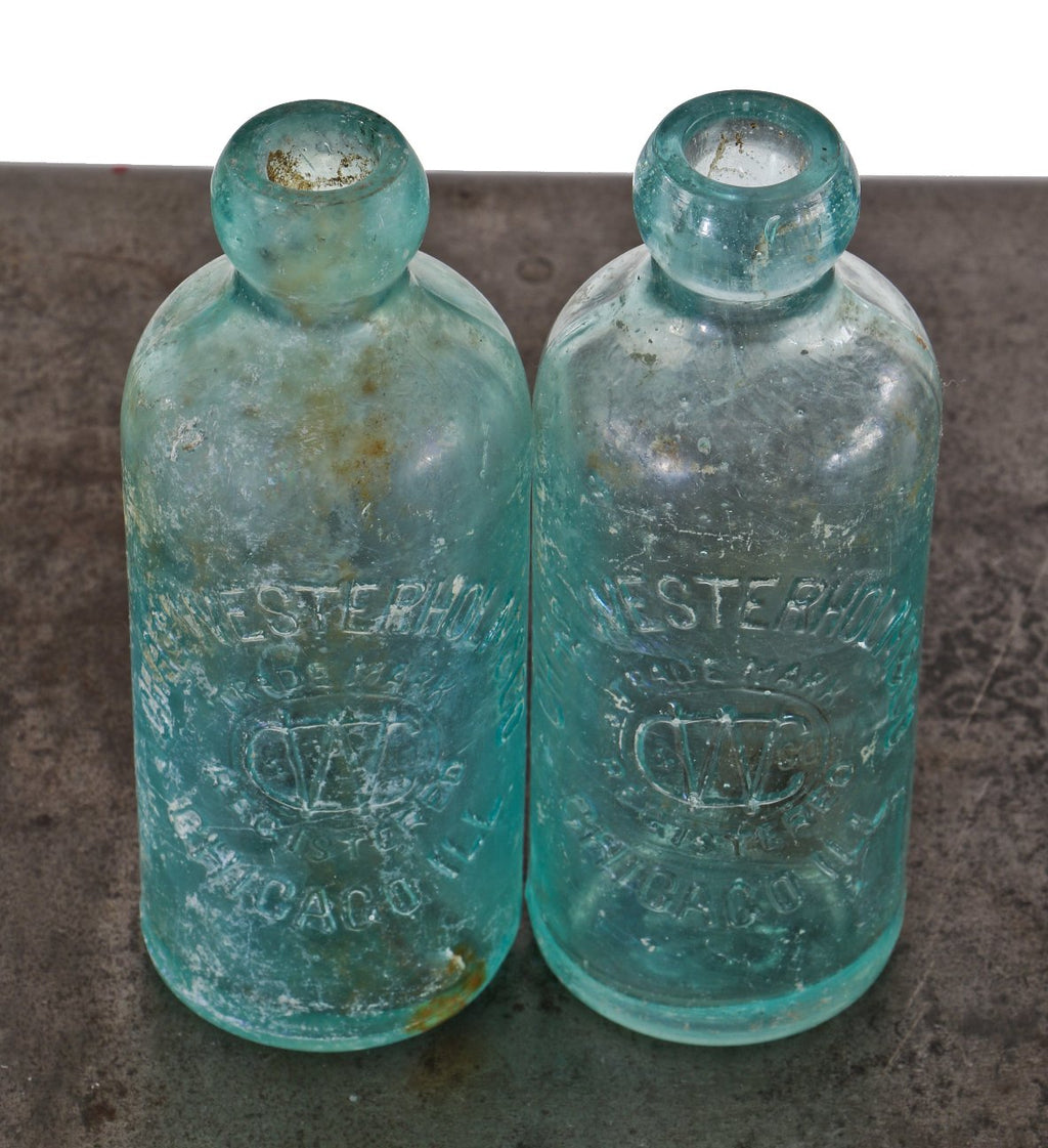 two nearly matching c. 1890's antique american hutchinson type "blob top" aqua blue thick glass privy dug soda bottles with embossed bases