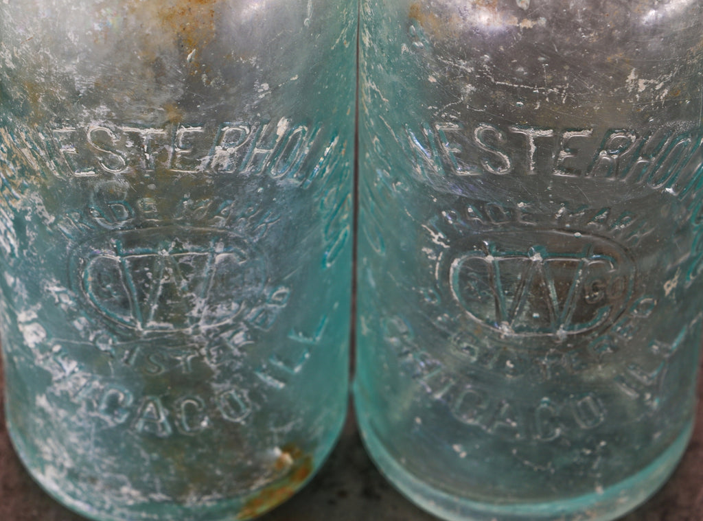 two nearly matching c. 1890's antique american hutchinson type "blob top" aqua blue thick glass privy dug soda bottles with embossed bases