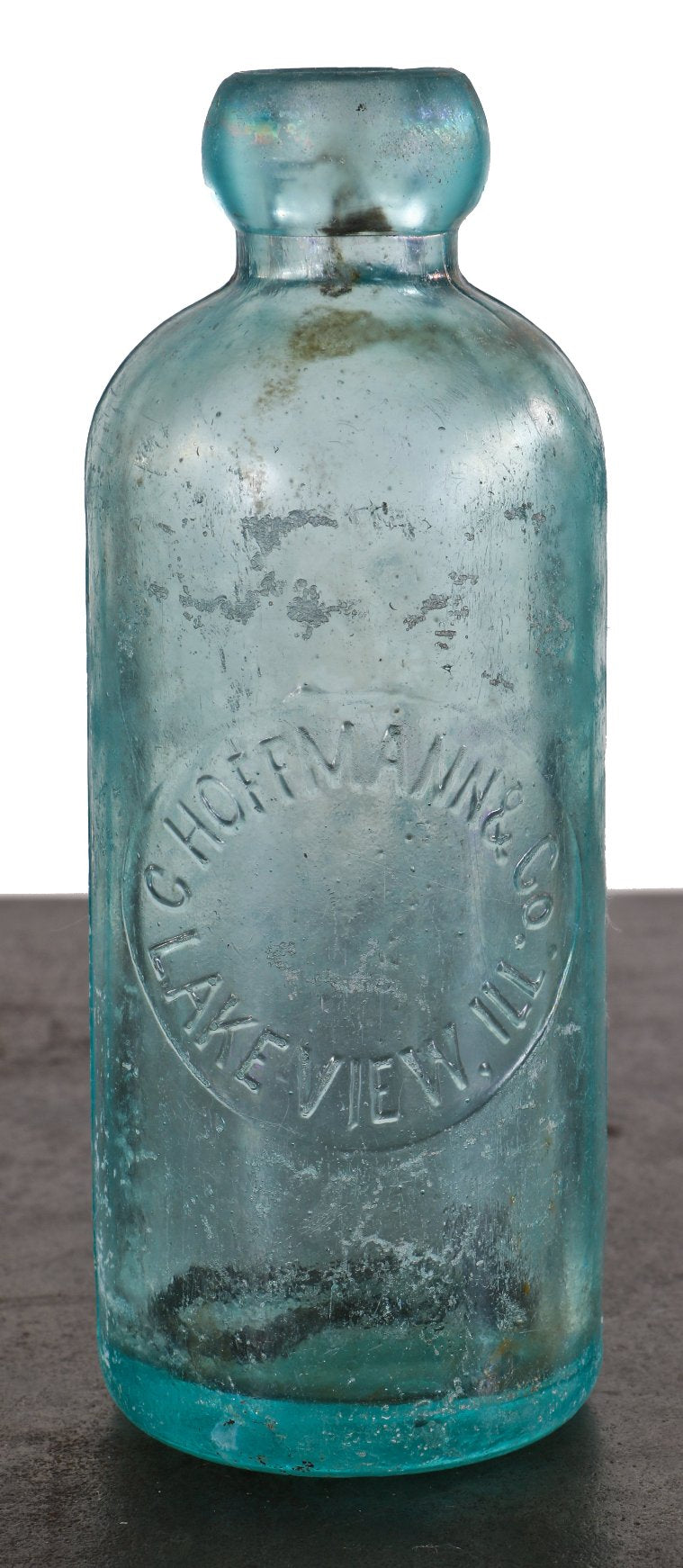 original nineteenth century blue aqua blobtop hutchinson soda bottle manufactured for conrad hoffmann & co., in lakeview, illinois