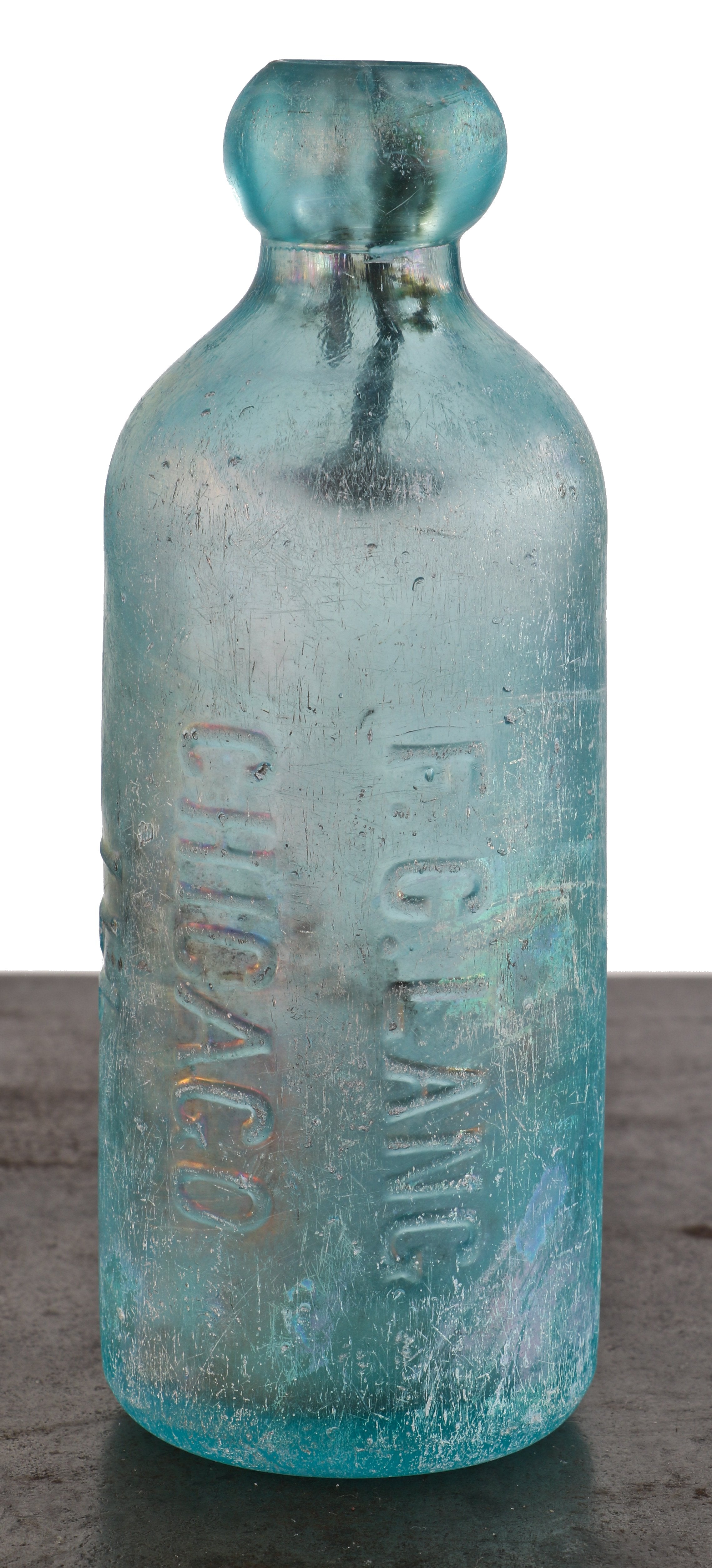 original and completely intact 1880's privy dug deep blue aqua hutchinson style soda bottle fabricated for f.c. lang in chicago, il