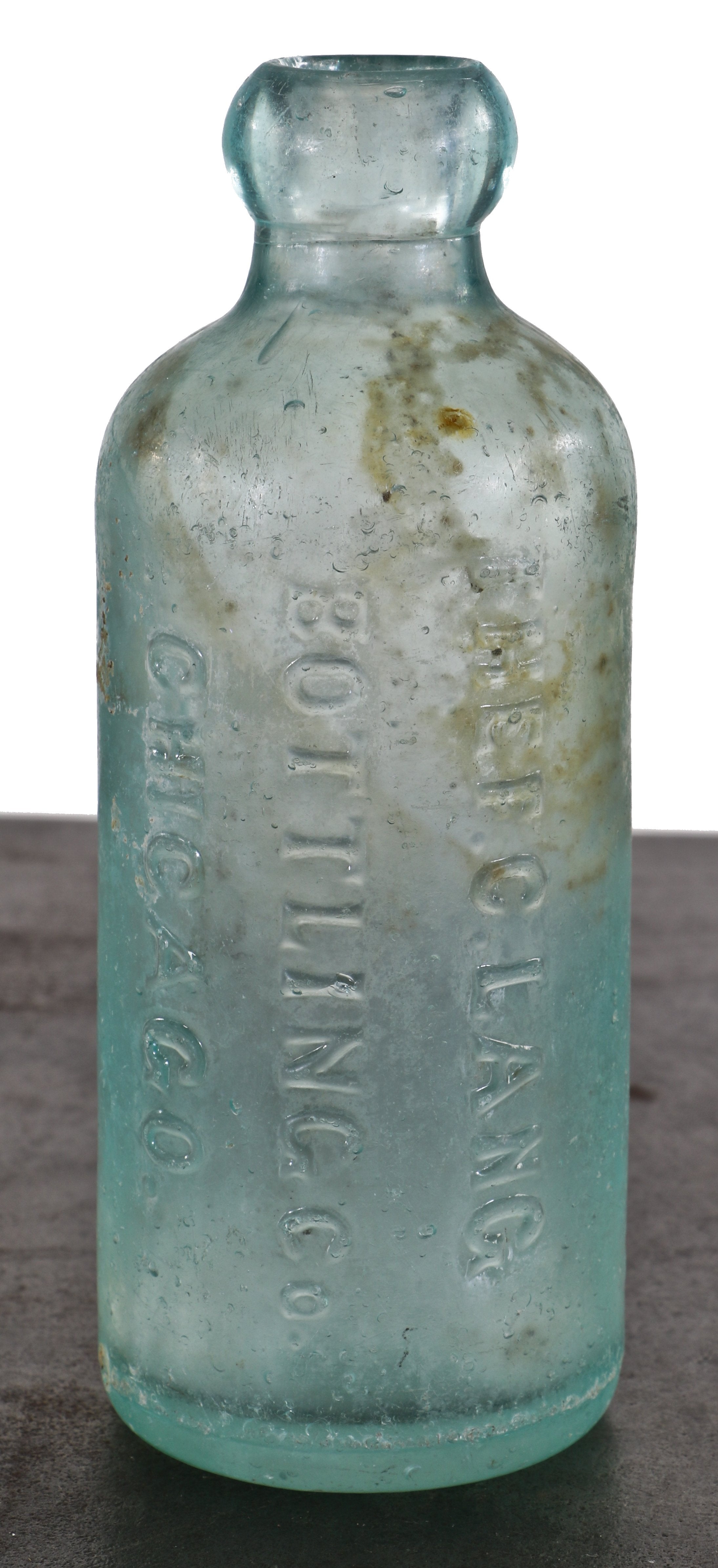 original and intact c.1885-1887 bluish aqua hutchinson style blobtop soda bottle manufactured for the f.c. lang bottling company, in chicago, il.