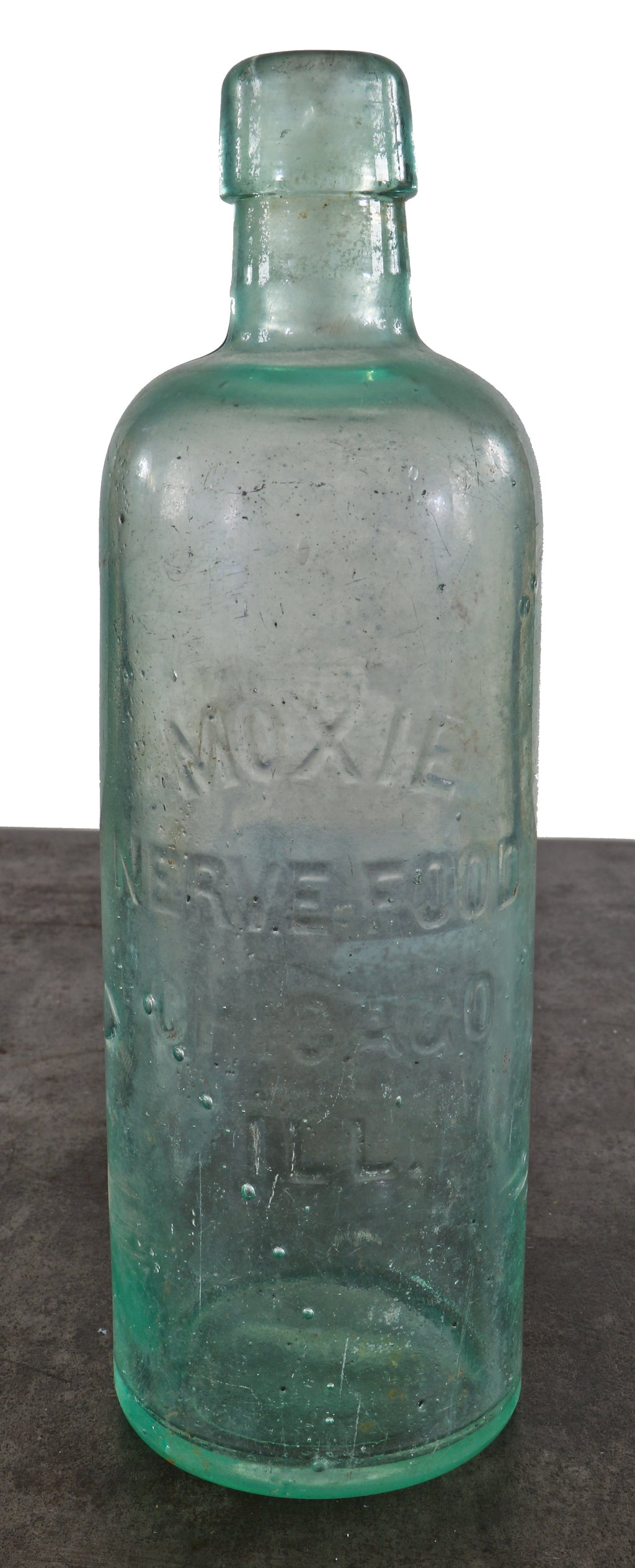 rare and all original privy dug tall aqua cylindrical medicinal "moxie" beverage bottle manufactured in chicago, il.