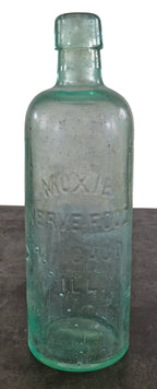rare and all original privy dug tall aqua cylindrical medicinal "moxie" beverage bottle manufactured in chicago, il.