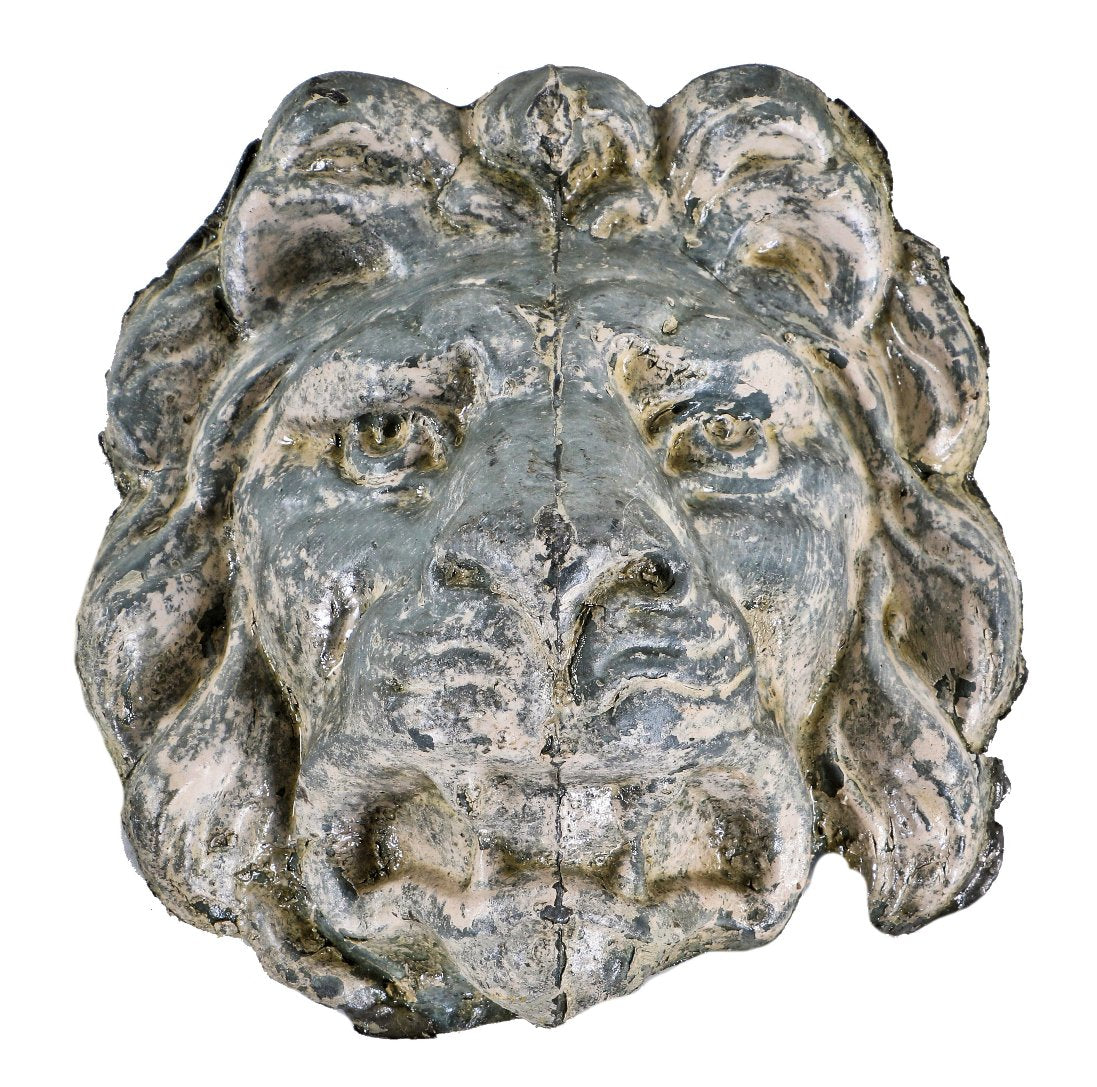 original early 20th century figural stamped zinc metal lion head exterior stoddard hotel building facade cornice fragment with traces of original white paint finish