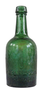 remarkable privy-dug mid-nineteenth century (1847-1849) dark emerald porter style bottle with applied single ring tapered lip and embossed with manufacturer's name