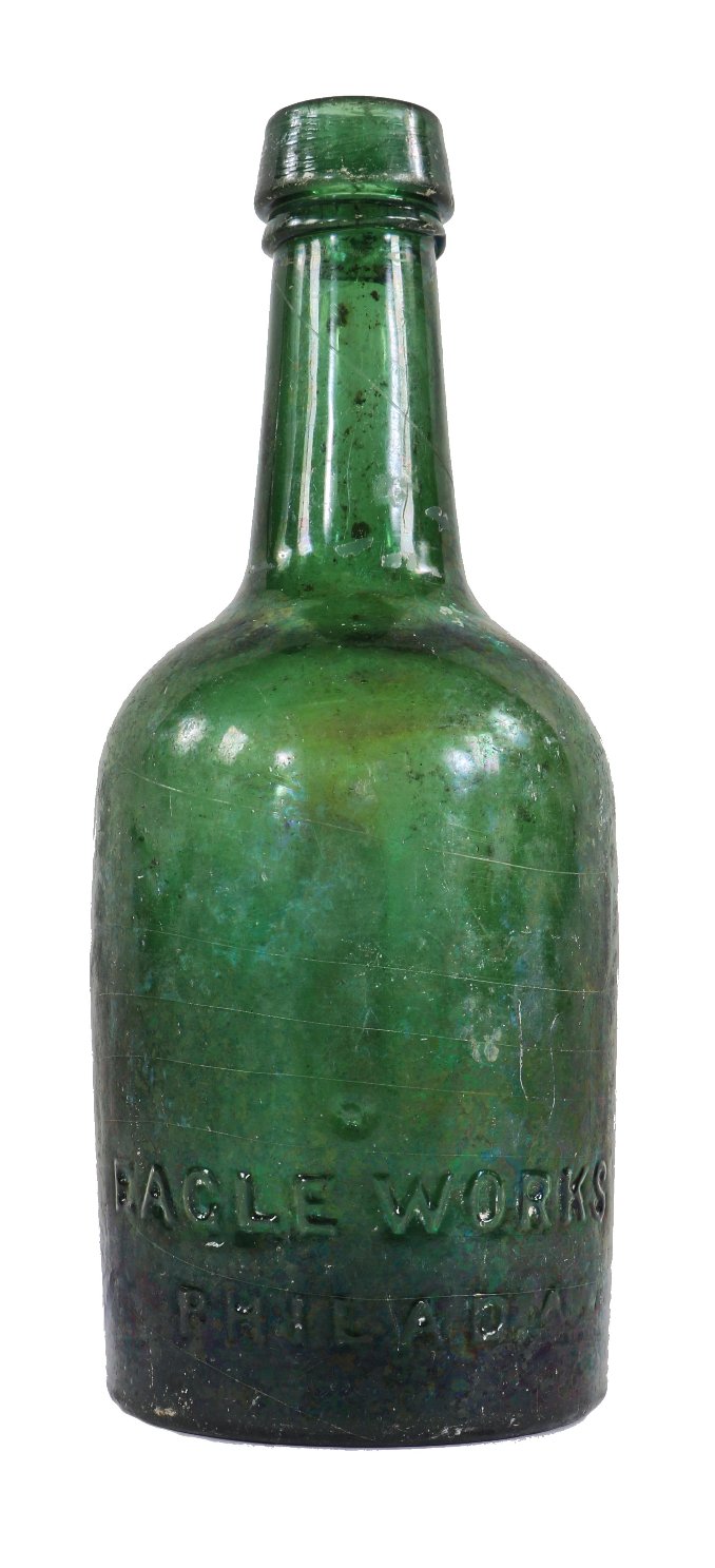 remarkable privy-dug mid-nineteenth century (1847-1849) dark emerald porter style bottle with applied single ring tapered lip and embossed with manufacturer's name