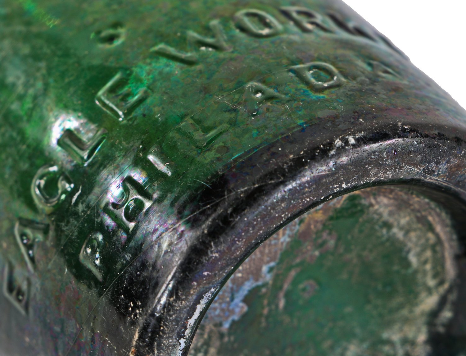 remarkable privy-dug mid-nineteenth century (1847-1849) dark emerald porter style bottle with applied single ring tapered lip and embossed with manufacturer's name