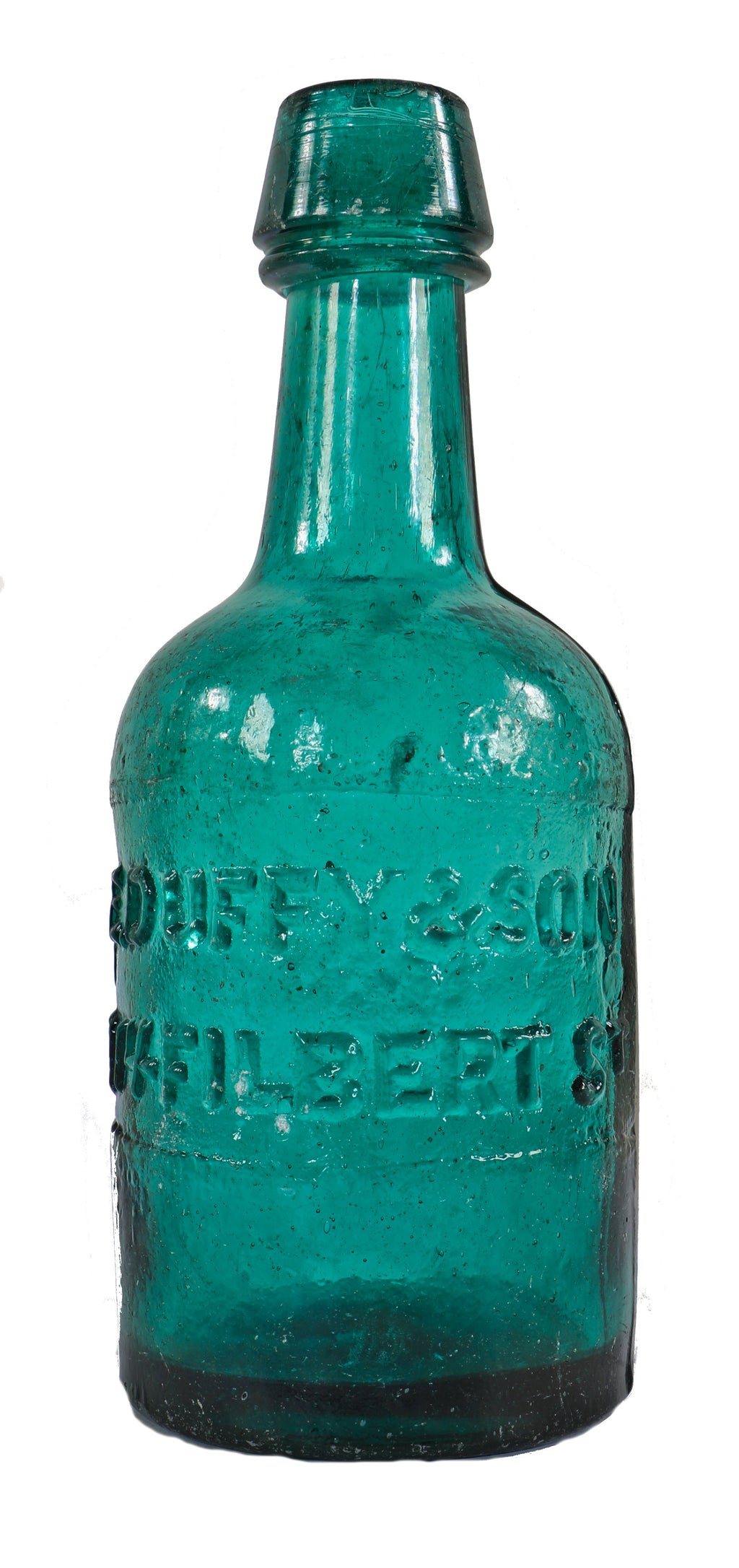 original and intact c. 1860's deep blue green porter bottle with smooth base manufactured for philadelphia bottlers edward duffy & sons