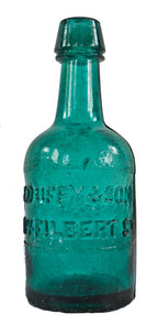 original and intact c. 1860's deep blue green porter bottle with smooth base manufactured for philadelphia bottlers edward duffy & sons