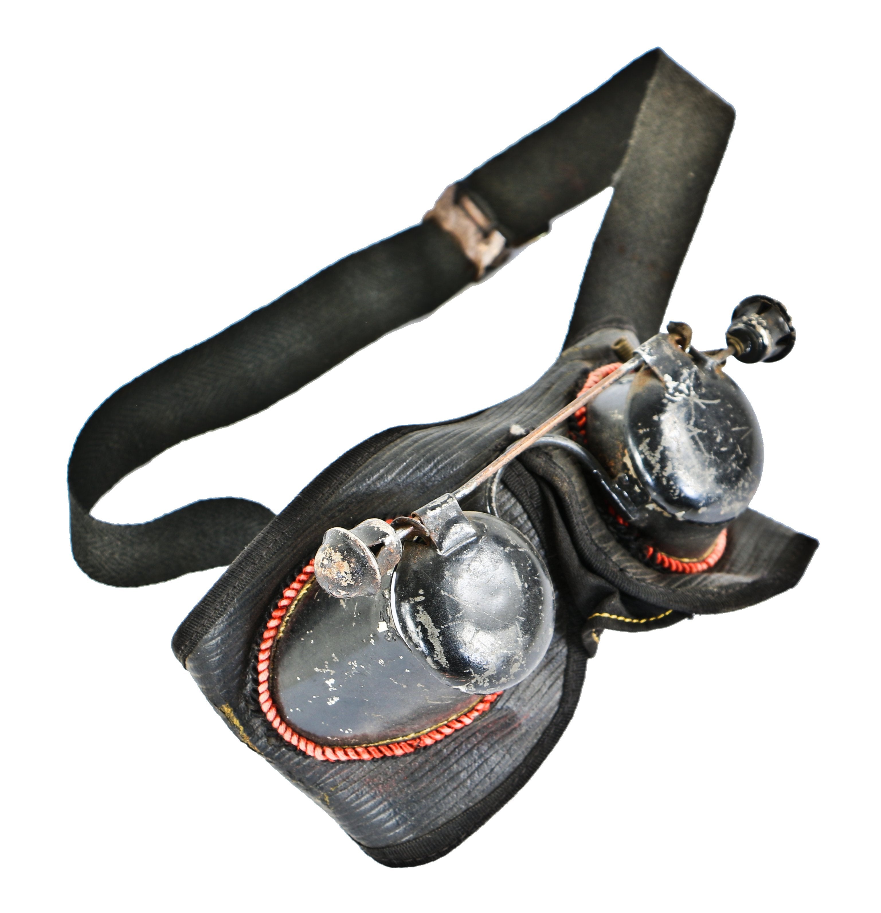 largely intact early 20th century antique american oddfellows fraternal organization velvet-lined "hoodwinks" with elastic head strap and steel "blinders"