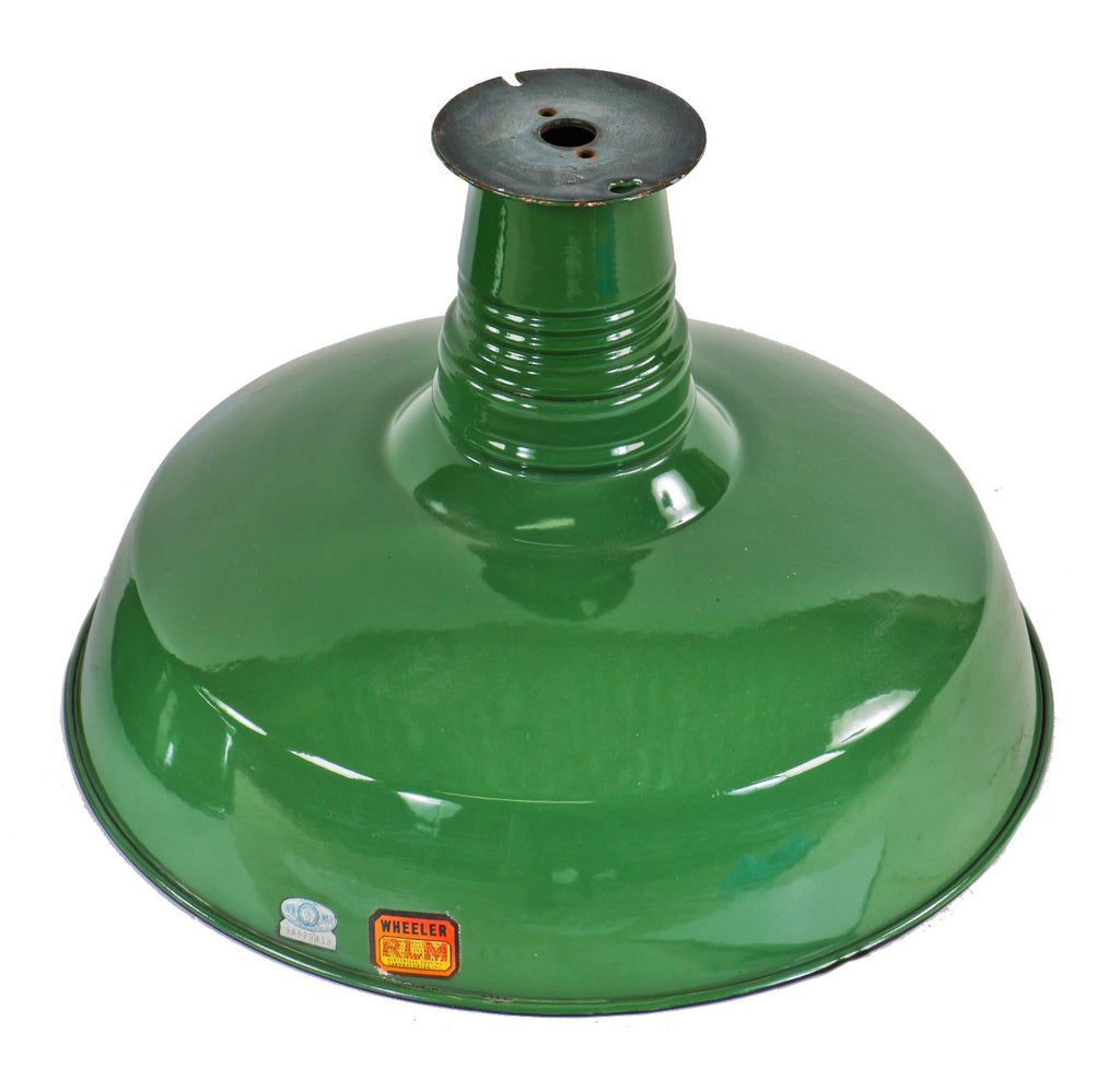all original early 1930's "new old stock" wheeler brilliant factory green porcelain enameled fully functional ceiling mount american industrial cold-rolled steel reflector