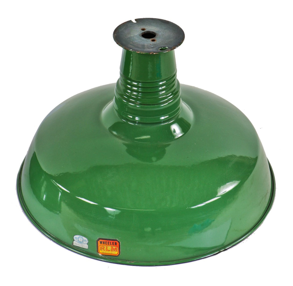 all original early 1930's "new old stock" wheeler brilliant factory green porcelain enameled fully functional ceiling mount american industrial cold-rolled steel reflector