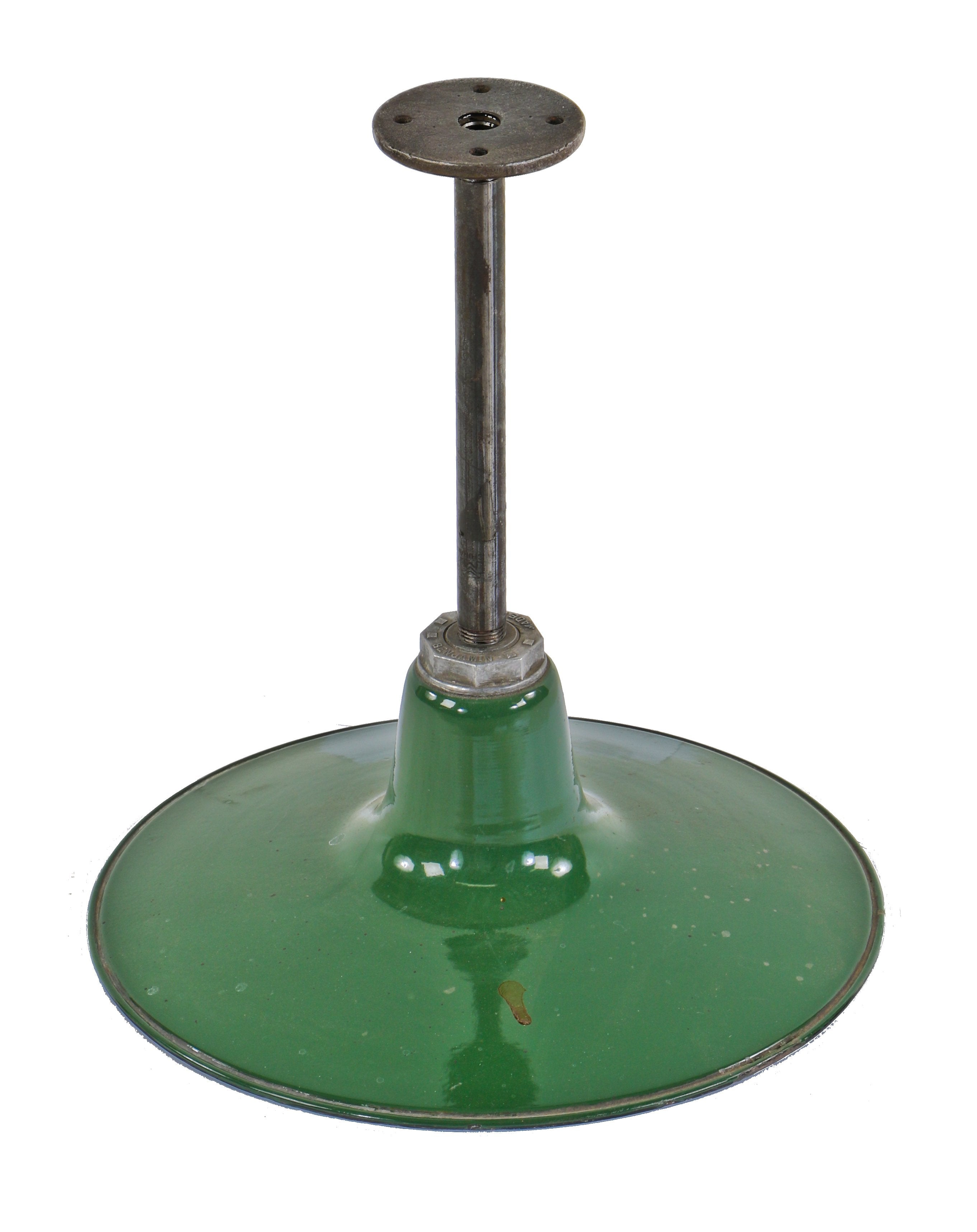 rewired c. 1930's american industrial original green porcelain or vitreous enameled cold-rolled steel factory pendant light with cast iron ceiling flange and rounded steel stem