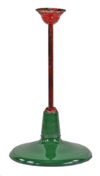 single early 1920's american industrial furniture factory stockroom green porcelain enameled pendant light fixture with distressed red paint canopy and stem