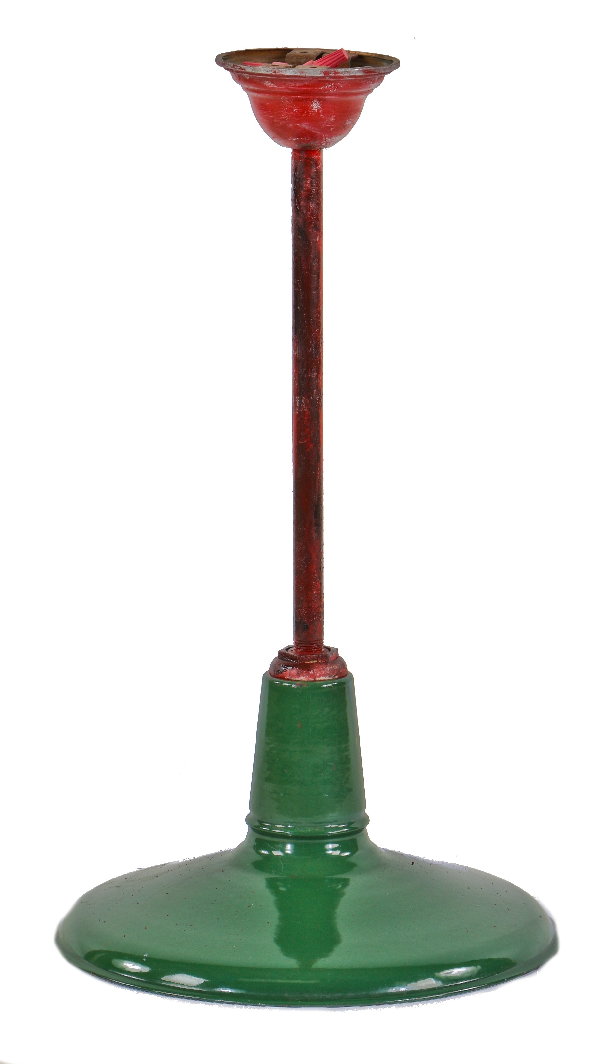 single early 1920's american industrial furniture factory stockroom green porcelain enameled pendant light fixture with distressed red paint canopy and stem