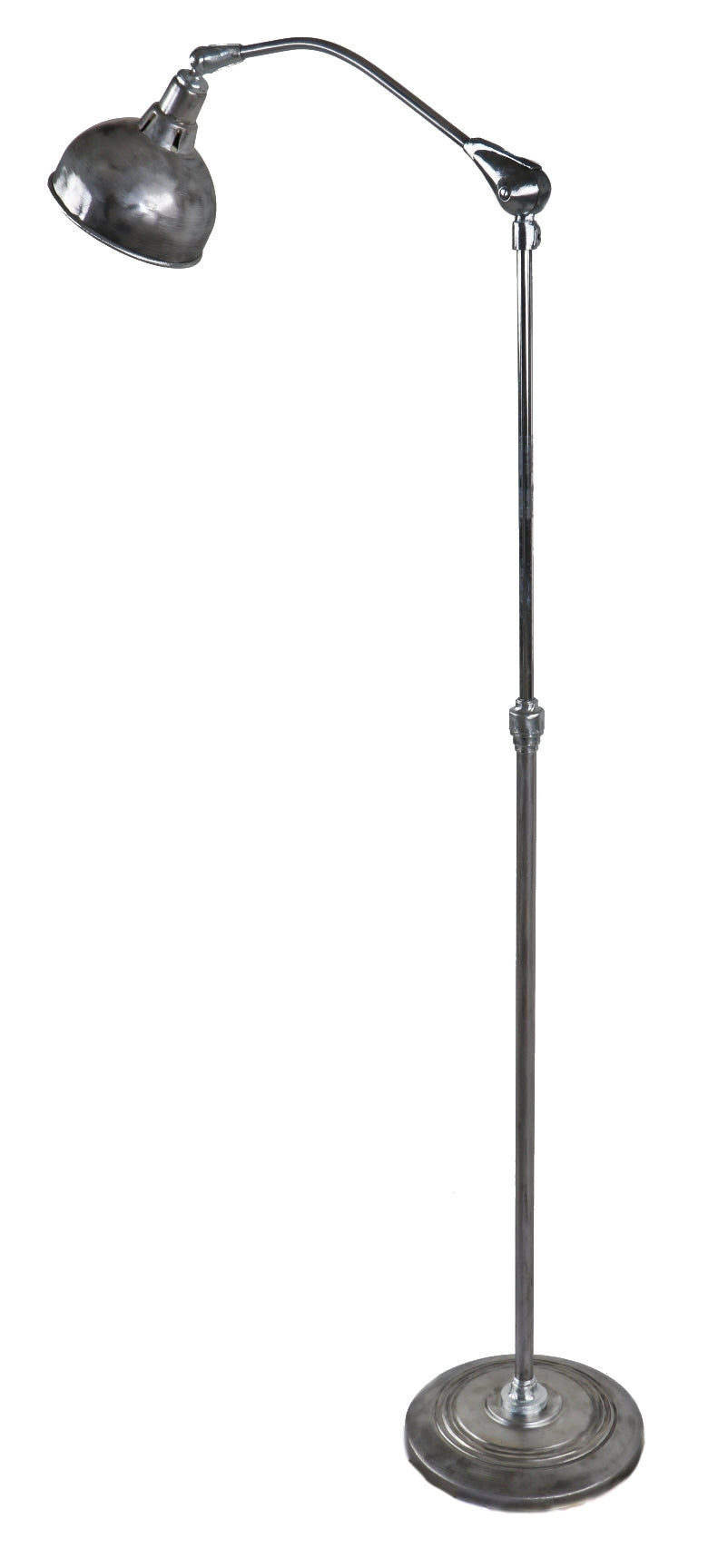 refinished brushed steel c. 1940's american vintage industrial factory machine shop adjustable floor task lamp with deep bowl reflector