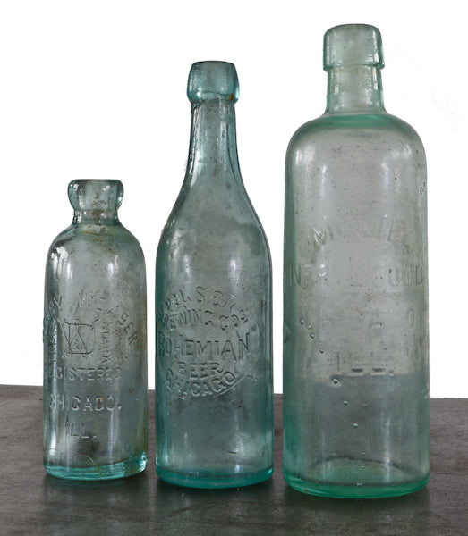 rare and all original privy dug tall aqua cylindrical medicinal "moxie" beverage bottle manufactured in chicago, il.