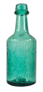 original civil war-era american antique privy-dug c. 1860's emerald green glass twitchell soda or mineral water bottle with sand pontiled base