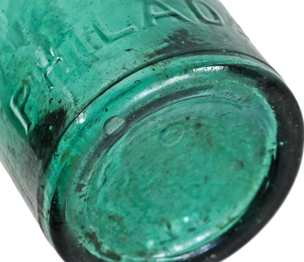 original civil war-era american antique privy-dug c. 1860's emerald green glass twitchell soda or mineral water bottle with sand pontiled base