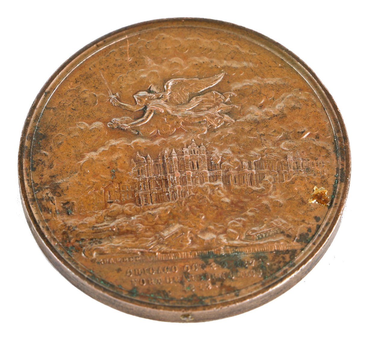 authentic c. 1872 antique american intricately designed ornamental cast or struck bronze great chicago william e. barber-designed "fire medal"