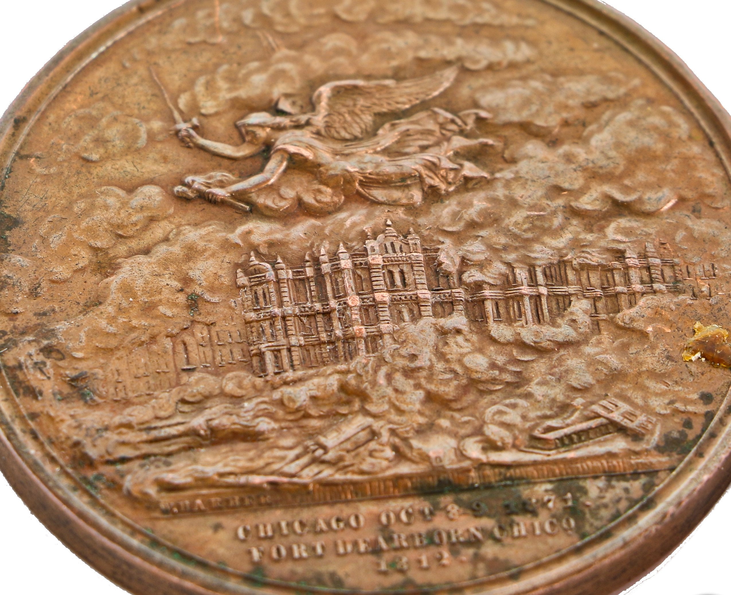 authentic c. 1872 antique american intricately designed ornamental cast or struck bronze great chicago william e. barber-designed "fire medal"