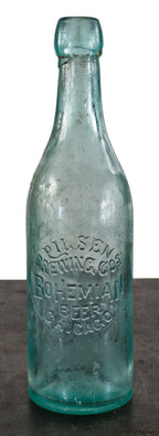 rare early 20th century privy dug hand blown light aqua blue glass bohemian beer applied tooled "blob top" bottle with encircled deeply embossed lettering and long narrow neck