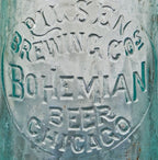 rare early 20th century privy dug hand blown light aqua blue glass bohemian beer applied tooled "blob top" bottle with encircled deeply embossed lettering and long narrow neck