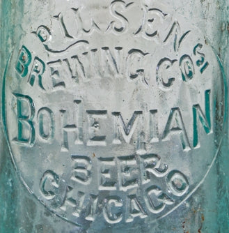 rare early 20th century privy dug hand blown light aqua blue glass bohemian beer applied tooled "blob top" bottle with encircled deeply embossed lettering and long narrow neck