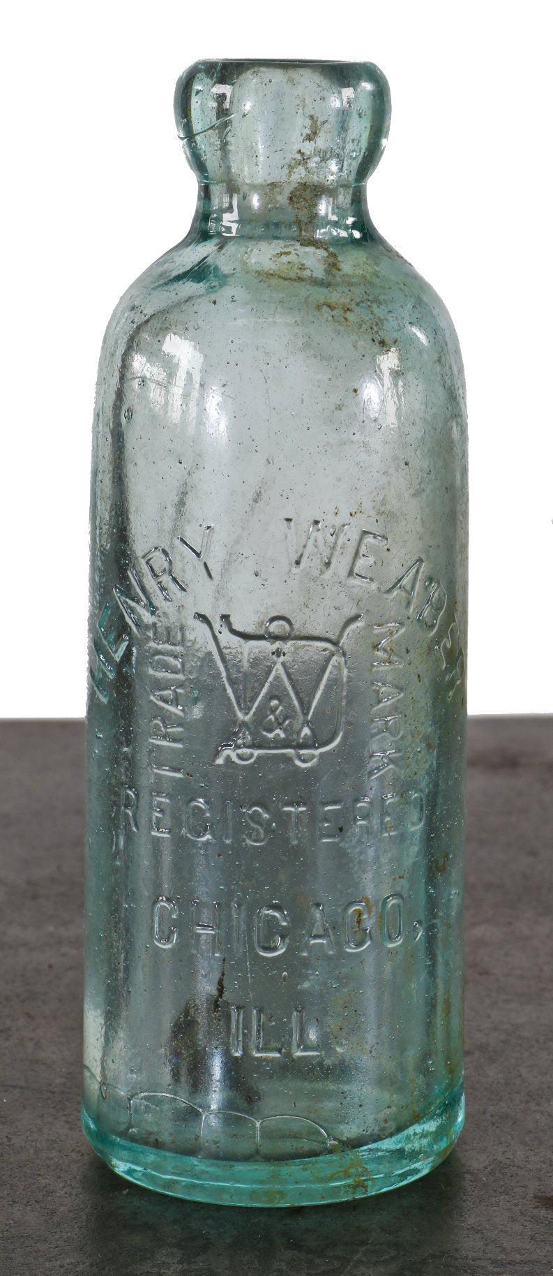 single original c. 1880's-1890's privy-dug colorless hutchinson blob top soda bottle manufactured for chicago bottler henry weaber.