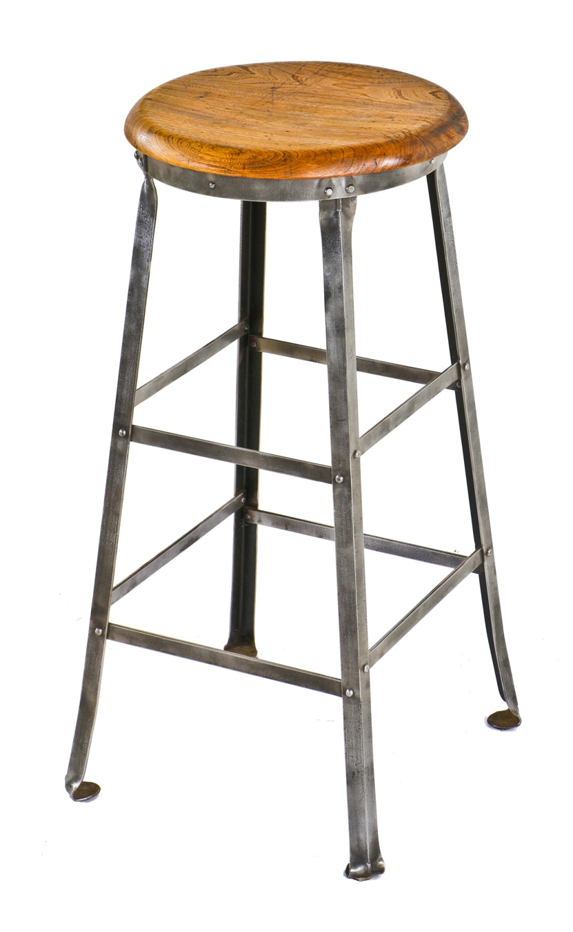 refinished early 1920's antique american industrial riveted joint angled steel stationary machinist stool with brushed metal finish and original solid maple wood seat