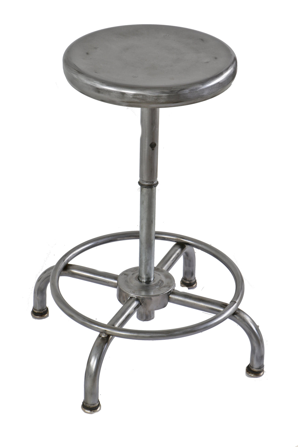 one of two matching original four-legged stationary pressed and folded steel fully adjustable laboratory bench stools with welded joint heel ring or footrest
