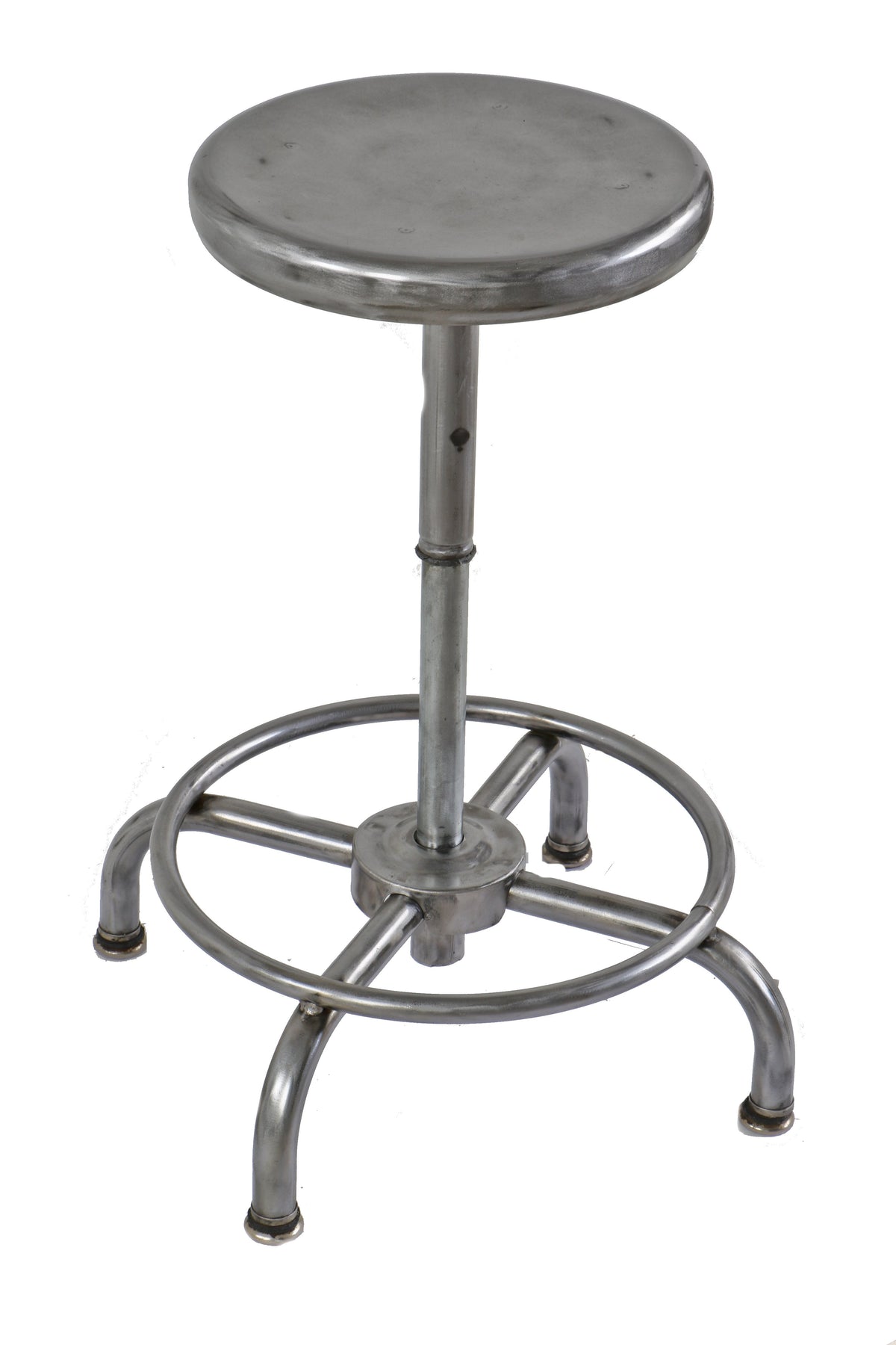 one of two matching original four-legged stationary pressed and folded steel fully adjustable laboratory bench stools with welded joint heel ring or footrest