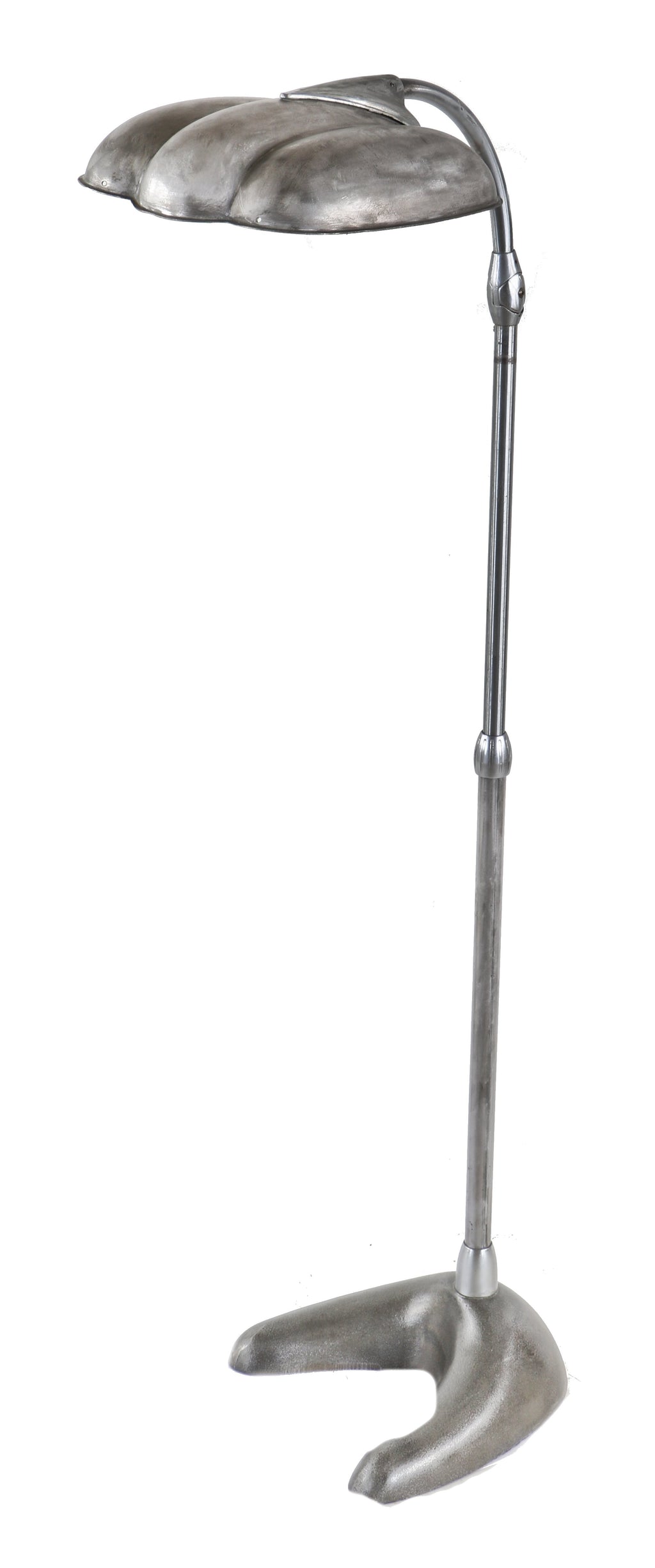 one of two matching fully adjustable and functional american depression era "sperti" light therapy sunlamps with a brushed metal finish sealed with a clear coat lacquer
