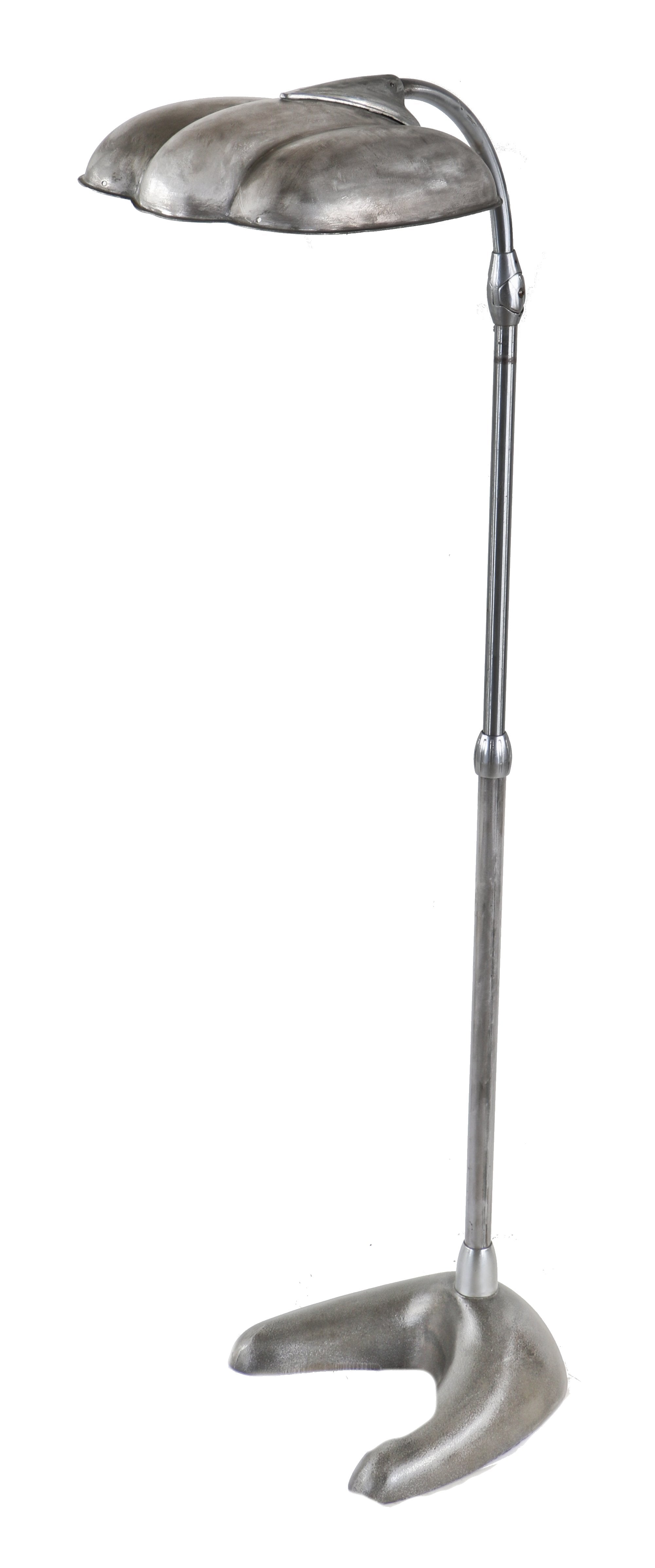 one of two matching fully adjustable and functional american depression era "sperti" light therapy sunlamps with a brushed metal finish sealed with a clear coat lacquer