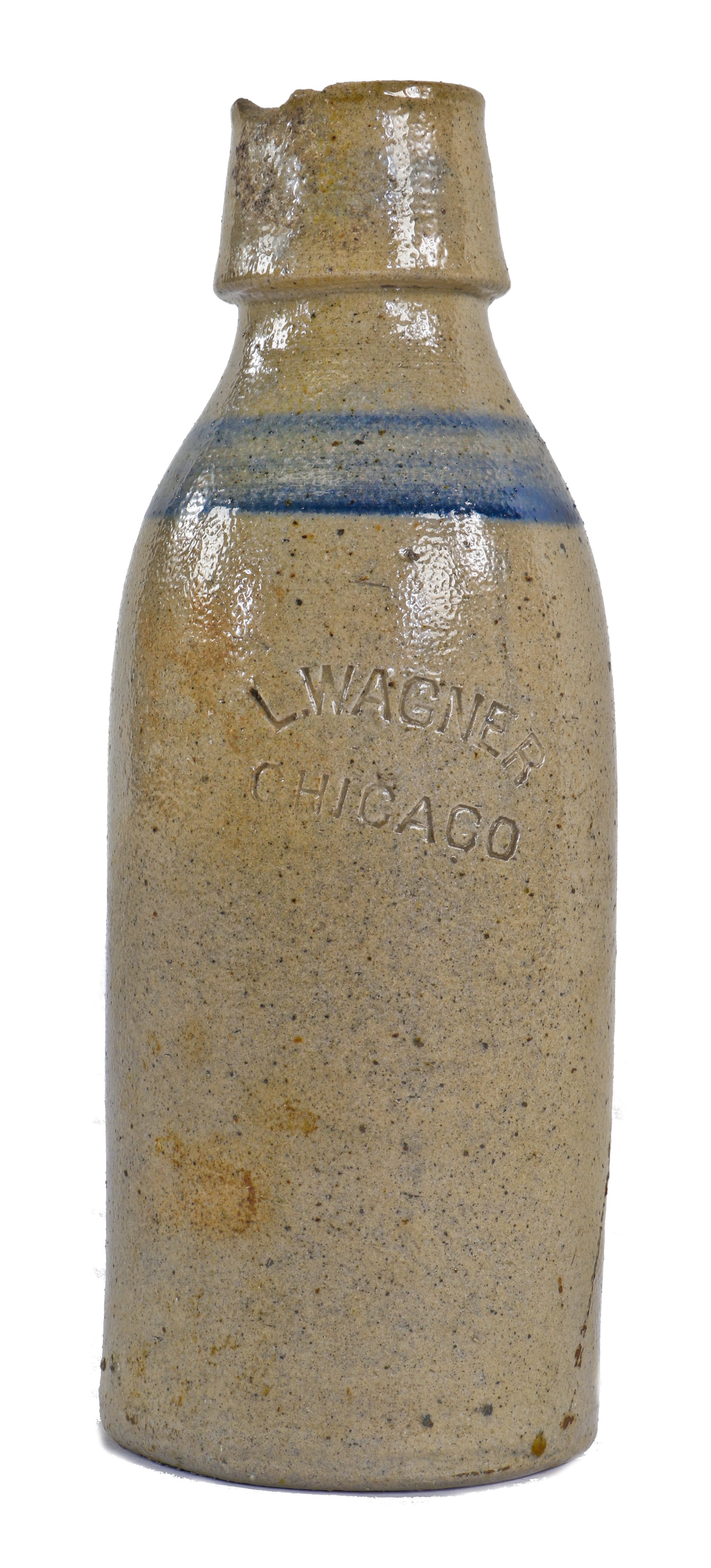 hard to find antique mid-nineteenth century hand-thrown gray salt glazed weiss stoneware manufactured for chicago bottler louis wagner.