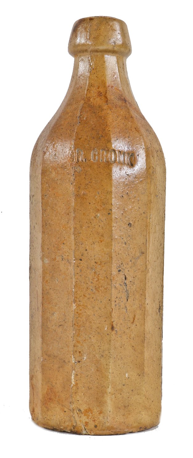 all original and well-preserved c. 1840's-1860's oversized 12-sized dr. cronk's sarsaparilla beer or mineral water salt-glazed earthenware privy dug bottle