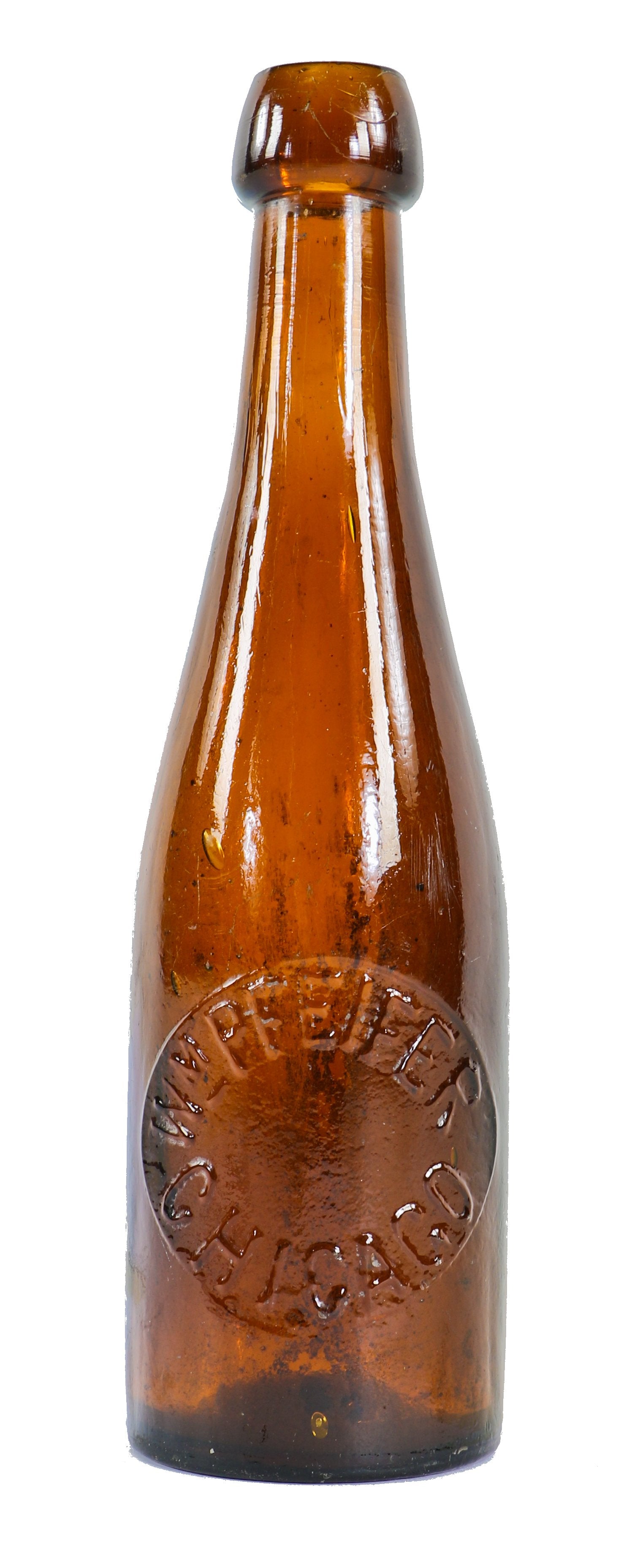 single intact c. 1890's american privy dug medium amber weiss beer bottle manufactured for chicago bottler william pfeifer