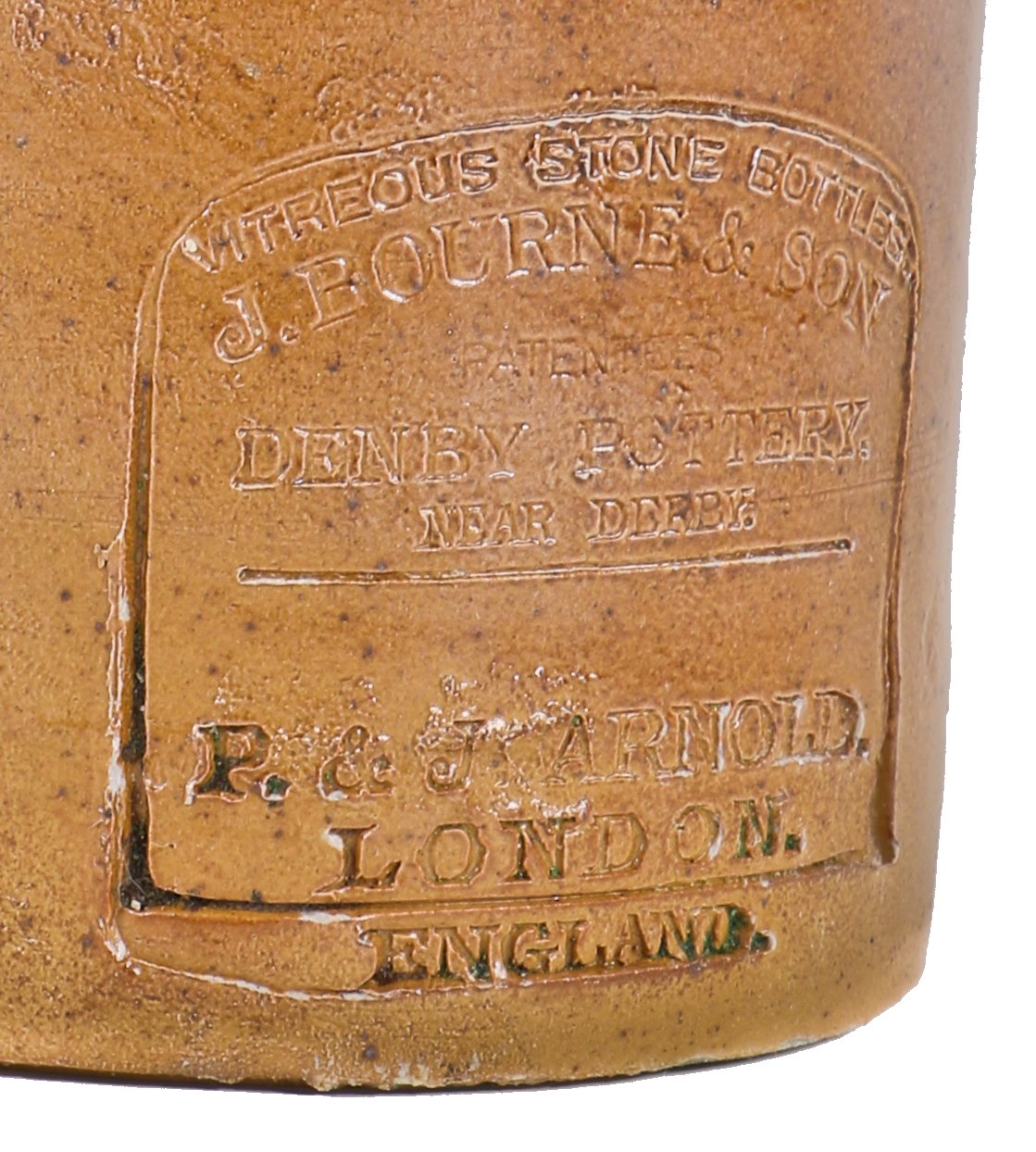 original and intact 19th century oversized chicago privy dug light brown vitreous salt-glazed stoneware arnold ink bottle with bottle pour spout