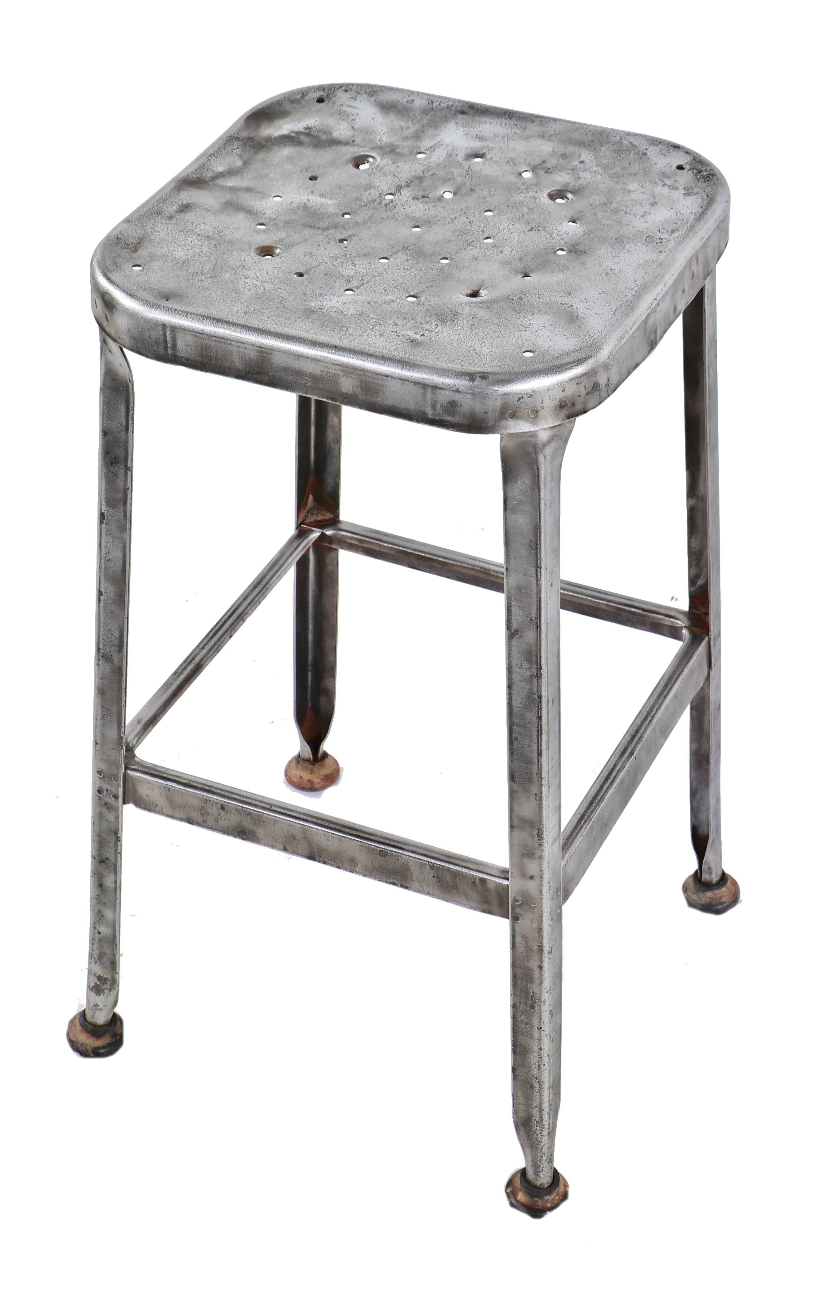 c. 1950's vintage american industrial chicago tool & die factory machine shop pressed and folded steel lyon stool with a brushed and sanded bare metal finish